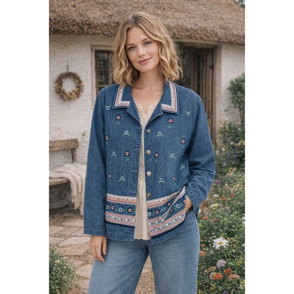 Vintage 80s 90s Bobbie Brooks Jean Jacket Embroidered Floral Cottagecore Country - Picture 10 of 10